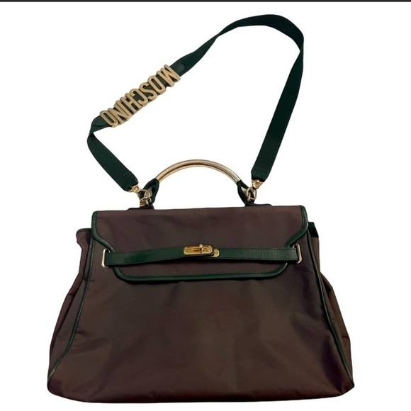 Moschino vintage gold hardware Purse green canvas shoulderbag top handle satchel - Picture 1 of 15